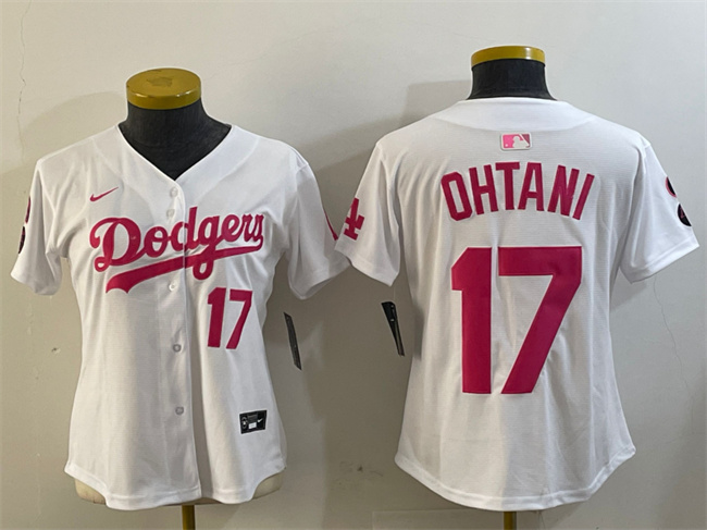 Women's Los Angeles Dodgers #17 Shohei Ohtani White/Pink Vin & Kobe Patch Limited Stitched Baseball Jersey(Run Small) Women's Los Angeles Dodgers #17 Shohei Ohtani White/Pink Vin & Kobe Patch Limited Stitched Baseball Jersey(Run Small)